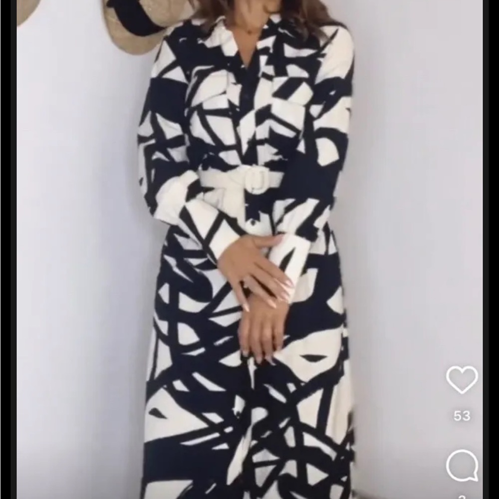 Zara Black and White Abstract Print Belted Shirt Dress